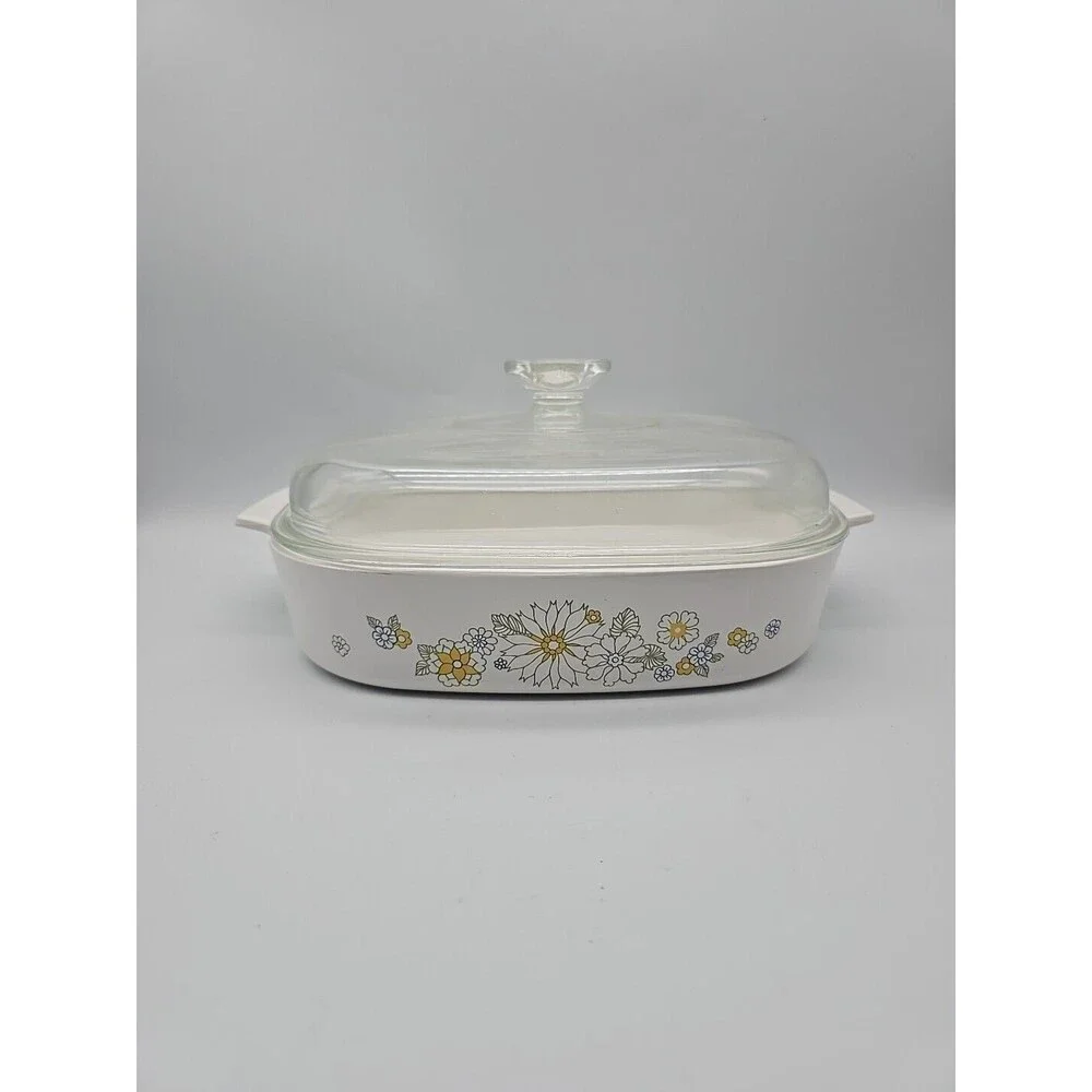 Vintage Corning Ware A-10-B Floral Bouquet Deep Square Casserole Dish with Lid